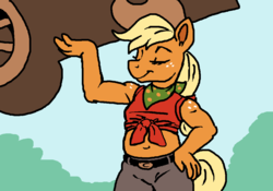 Size: 1062x744 | Tagged: safe, artist:iveechan, applejack, earth pony, anthro, g4, belly button, clothes, female, front knot midriff, lifting, midriff, pants, solo