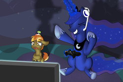 Size: 3000x2000 | Tagged: safe, artist:xonxt, button mash, princess luna, alicorn, earth pony, pony, gamer luna, g4, controller, crying, duo, headset, lunamash, xbox 360