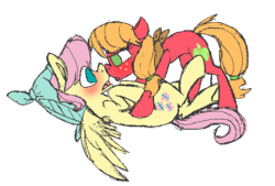 Size: 587x396 | Tagged: safe, artist:artflicker, big macintosh, fluttershy, earth pony, pegasus, pony, g4, blushing, boop, butterscotch, duo, female, macareina, male, noseboop, nuzzling, on back, on top, rule 63, ship:butterreina, ship:fluttermac, shipping, straight