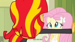 Size: 1585x885 | Tagged: safe, screencap, fluttershy, sunset shimmer, equestria girls, g4, female, meme, youtube caption, youtube link