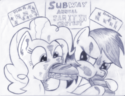 Size: 1658x1276 | Tagged: safe, artist:kittyhawk-contrail, pinkie pie, rainbow dash, pony, g4, contest, duo, eating, eating contest, food, grayscale, jam it in, messy, monochrome, product placement, submarine sandwich, subway (restaurant), tally marks