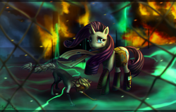 Size: 1120x713 | Tagged: safe, artist:hardcrowmao, rarity, cat, g4, boots, fire, gate, hoof boots, saddle bag