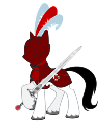 Size: 2093x2421 | Tagged: safe, artist:php50, pony, armor, fantasy class, helmet, hoof hold, knight, lord, protector, raised hoof, red, solo, sword, warrior, weapon