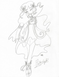 Size: 1280x1654 | Tagged: safe, artist:littlemissvi, fluttershy, human, g4, female, humanized, monochrome, sketch, solo, text