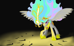 Size: 1024x640 | Tagged: safe, artist:nadnerbd, princess celestia, alicorn, pony, fanfic:the immortal game, g4, dark, female, fight, glowing, magic, mare, saber, solo, sword, the immortal game, warrior celestia, weapon