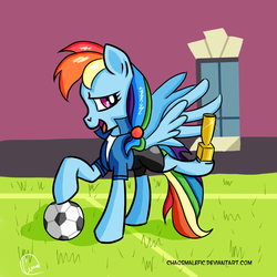 Size: 1024x1024 | Tagged: safe, artist:chaosmalefic, rainbow dash, pegasus, pony, equestria girls, g4, my little pony equestria girls, clothes, equestria girls outfit, equestria girls ponified, female, football, human pony dash, ponified, solo, sports, trophy