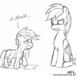 Size: 850x850 | Tagged: safe, artist:johnjoseco, rainbow dash, scootaloo, g4, grayscale, monochrome, wet