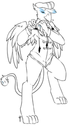 Size: 1085x1920 | Tagged: safe, artist:tiki-sama, oc, oc only, oc:chrono the griffon, griffon, anthro, digitigrade anthro, anthro oc, claws, clothes, commission, flute, hat, lineart, monochrome, musical instrument, paws, solo, uniform, wings