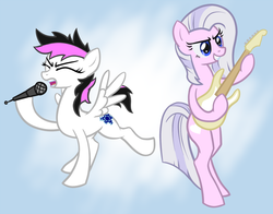 Size: 1019x800 | Tagged: safe, artist:arrkhal, oc, oc only, oc:dusky snowflakes, oc:heartcall, earth pony, pony, bipedal, electric guitar, fender stratocaster, guitar, microphone, music, musical instrument, singing
