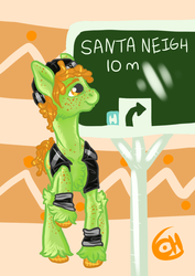 Size: 800x1128 | Tagged: safe, artist:coppahhead, oc, oc only, beanie, dreadlocks, freckles, hat, santa neigh, sign, solo, transgender, unshorn fetlocks