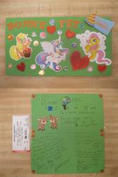 Size: 1600x2400 | Tagged: safe, applejack, fluttershy, princess celestia, alicorn, deer, earth pony, pegasus, pony, g4, birthday card, french, photo