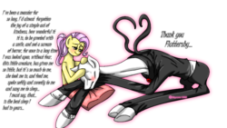 Size: 1366x768 | Tagged: safe, artist:skyrore1999, fluttershy, pony, g4, blushing, pillow, slendermane, slenderpony, text