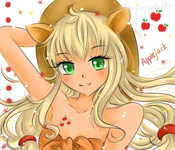 Size: 2450x2100 | Tagged: safe, artist:monicherrie, applejack, human, g4, armpits, boobie mark, eared humanization, female, humanized, solo