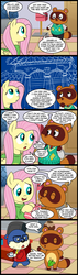 Size: 628x2200 | Tagged: safe, artist:madmax, fluttershy, otter, raccoon, tanooki, comic:the town, g4, animal crossing, censored, clothes, comic, leaf, lyle, nintendo, sweater, sweatershy, tom nook