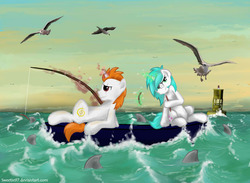 Size: 3000x2200 | Tagged: safe, artist:sweeterwho, oc, oc only, seagull, shark, boat, fishing, fishing rod, magic, ocean