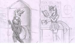 Size: 2528x1507 | Tagged: safe, artist:thedrunkcoyote, twilight sparkle, anthro, g4, acog, ar-15, book, catsuit, clothes, cup, future twilight, gun, monochrome, rifle, skirt, skyrim, stockings, the elder scrolls, traditional art, trijicon