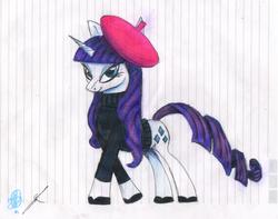 Size: 2090x1648 | Tagged: safe, artist:thedrunkcoyote, rarity, g4, beatnik rarity, beret, clothes, female, hat, solo, traditional art