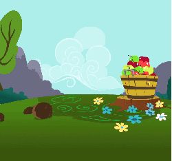 Size: 576x540 | Tagged: safe, edit, edited screencap, screencap, fluttershy, pony, g4, swarm of the century, animated, apple, basket, bucket, cropped, eyes closed, female, flower, food, hiding, loop, scared, singing, solo