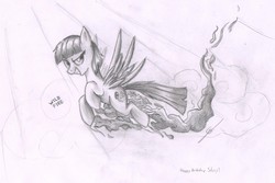 Size: 2564x1713 | Tagged: safe, artist:thedrunkcoyote, wild fire, oc, oc only, g4, female, monochrome, sibsy, solo, traditional art
