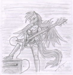 Size: 882x905 | Tagged: safe, artist:thedrunkcoyote, rainbow dash, anthro, g4, electric guitar, female, guitar, guitar amp, heavy metal, lined paper, metal, monochrome, musical instrument, solo, traditional art