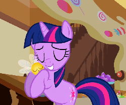 Size: 647x540 | Tagged: safe, screencap, twilight sparkle, parasprite, swarm of the century, animated, bipedal, cropped, eyes closed, female, holding, nuzzling, snuggling
