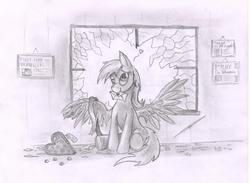 Size: 2400x1753 | Tagged: safe, artist:thedrunkcoyote, derpy hooves, pegasus, pony, g4, crash, female, heart, letter, mare, monochrome, traditional art, valentine's day