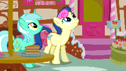 Size: 960x540 | Tagged: safe, screencap, bon bon, lyra heartstrings, sweetie drops, parasprite, pony, g4, swarm of the century, animated, cake, female, tongue out