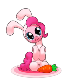Size: 1080x1350 | Tagged: safe, artist:hoyeechun, pinkie pie, earth pony, pony, g4, blushing, bunny costume, carrot, clothes, cute, diapinkes, easter, female, holiday, mare, simple background, solo, transparent background