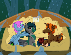 Size: 700x550 | Tagged: safe, artist:wryte, oc, oc only, oc:songbreeze, earth pony, pegasus, pony, unicorn, alternate hairstyle, camping, everfree forest, newbie artist training grounds, rain, tent