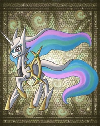Size: 1119x1413 | Tagged: safe, artist:raptor007, princess celestia, arceus, pony, g4, clothes, costume, ethereal mane, ethereal tail, female, looking forward, parody, pokémon, raised hoof, solo, tail, wingless