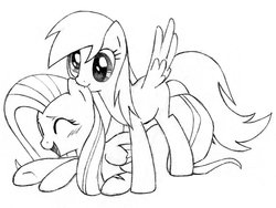 Size: 1024x768 | Tagged: safe, artist:awengrocks, derpy hooves, fluttershy, pegasus, pony, g4, biting, blushing, cute, derpyshy, ear bite, eyes closed, female, grayscale, hnnng, lesbian, lineart, mare, monochrome, nibbling, open mouth, shipping, traditional art