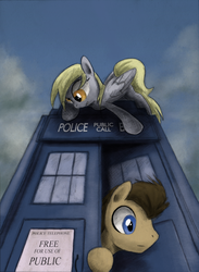 Size: 800x1092 | Tagged: safe, artist:hewison, derpy hooves, doctor whooves, time turner, earth pony, pegasus, pony, g4, crossover, doctor who, female, male, mare, stallion, tardis, the doctor