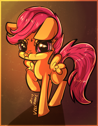 Size: 741x948 | Tagged: safe, artist:velexane, scootaloo, pegasus, pony, g4, female, filly, raised hoof, raspberry, solo, tongue out