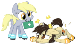 Size: 2319x1389 | Tagged: safe, artist:equestria-prevails, derpy hooves, wild fire, duck, pegasus, pony, g4, :p, circling stars, crash, cute, derpabetes, feather, filly, first aid, floppy ears, frown, injured, mouth hold, nose wrinkle, prone, roller skates, rubber duck, scrunchy face, sibsy, simple background, skates, smiling, tongue out, transparent background, vector, younger