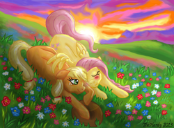 Size: 900x665 | Tagged: safe, artist:thehardy, applejack, fluttershy, g4, blushing, female, field, flower, hug, lesbian, resting, ship:appleshy, shipping, sunset, winghug