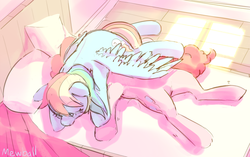 Size: 954x600 | Tagged: safe, artist:mewball, pinkie pie, rainbow dash, earth pony, pegasus, pony, g4, bed, cute, eyes closed, female, lesbian, lying down, mare, on back, pillow, pony pile, prone, ship:pinkiedash, shipping, signature, sleeping, spread wings, wings