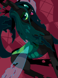 Size: 300x400 | Tagged: safe, artist:arechi, artist:のね, queen chrysalis, changeling, changeling queen, g4, crown, female, jewelry, lidded eyes, looking at you, open mouth, pixiv, regalia, smiling, solo