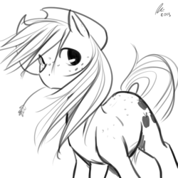 Size: 1200x1200 | Tagged: safe, artist:rwl, applejack, g4, female, grayscale, loose hair, monochrome, solo, windswept mane