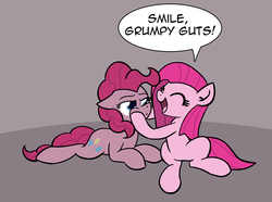 Size: 1800x1336 | Tagged: safe, artist:whatsapokemon, pinkie pie, earth pony, pony, g4, alternate universe, cute, cuteamena, dialogue, duality, eyes closed, female, implied discorded, lunaverse, mare, open mouth, pinkamena diane pie, prone, role reversal, smiling