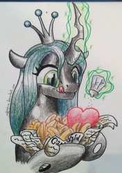 Size: 768x1088 | Tagged: safe, artist:muffinshire, queen chrysalis, changeling, changeling queen, g4, crown, female, food, french fries, heart, jewelry, magic, regalia, salt, solo, telekinesis, traditional art