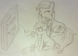 Size: 1736x1236 | Tagged: safe, artist:solarspark, button mash, oc, oc:cream heart, earth pony, pony, g4, colt, cream heart and button mash:best mother and son, earth pony oc, female, foal, grayscale, hat, male, mare, monochrome, mother and child, mother and son, propeller hat, video game