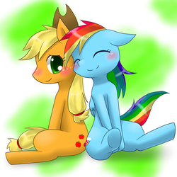 Size: 1000x1000 | Tagged: safe, artist:hashioaryut, applejack, rainbow dash, earth pony, pegasus, pony, g4, blushing, cuddling, cute, duo, eyes closed, female, floppy ears, lesbian, mare, pixiv, ship:appledash, shipping, sitting