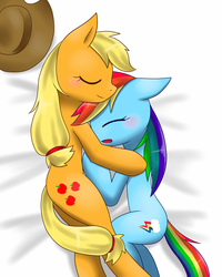 Size: 800x1000 | Tagged: safe, artist:hashioaryut, applejack, rainbow dash, earth pony, pegasus, pony, g4, blushing, cuddling, duo, female, floppy ears, lesbian, mare, pixiv, ship:appledash, shipping, sleeping