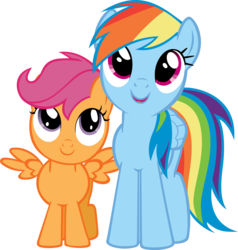 Size: 2458x2578 | Tagged: safe, artist:kishmond, rainbow dash, scootaloo, pegasus, pony, g4, owl's well that ends well, female, filly, foal, looking up, mare, open mouth, simple background, smiling, spread wings, transparent background, vector, wings