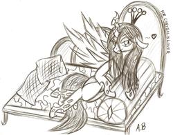 Size: 2074x1624 | Tagged: dead source, safe, artist:rossmaniteanzu, queen chrysalis, changeling, changeling queen, g4, antagonist, bedroom eyes, female, heart, monochrome, on side, pillow, sketch, solo, traditional art