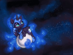Size: 2000x1500 | Tagged: safe, artist:kp-shadowsquirrel, nightmare moon, alicorn, pony, g4, bored, cute, female, filly, grumpy, hoof on cheek, moon, moonabetes, nightmare woon, solo, tangible heavenly object