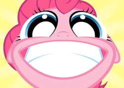Size: 1053x746 | Tagged: safe, artist:misterdavey, pinkie pie, smile hd, g4, faic, female, grin, gritted teeth, it's coming right at us, looking at you, smiling, solo, sunburst background, teeth, this will end in death, this will end in pain, this will end in tears, this will end in tears and/or death