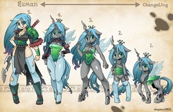 Size: 1600x1035 | Tagged: safe, artist:shepherd0821, queen chrysalis, changeling, changeling queen, human, pony, anthro, semi-anthro, unguligrade anthro, g4, anthro chart, anthro with ponies, bipedal, breasts, cleavage, clothes, female, humanized, line-up, samurai, socks