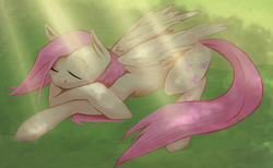 Size: 3500x2159 | Tagged: safe, artist:weisdrachen, fluttershy, g4, crepuscular rays, eyes closed, female, grass, high res, prone, resting, shade, sleeping, smiling, solo