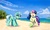 Size: 1500x900 | Tagged: safe, artist:kp-shadowsquirrel, bon bon, lyra heartstrings, sweetie drops, earth pony, pony, unicorn, g4, ball, beach, cloud, duo, duo female, eyes closed, female, mare, open mouth, sand, sky, water